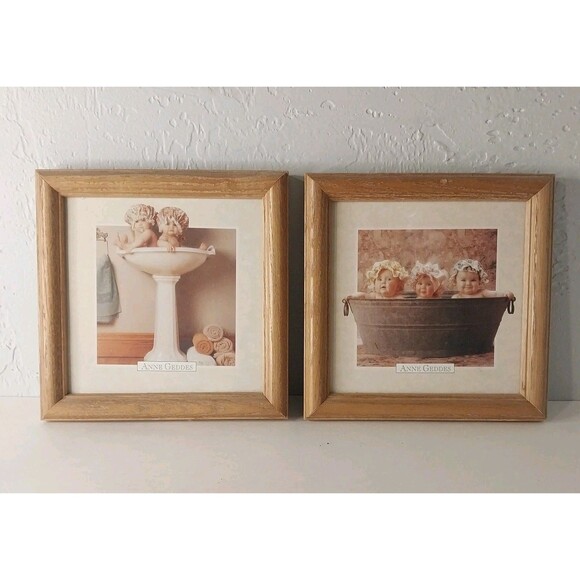 Vintage Anne Geddes Bathroom Prints 90s Babies Framed Decor 7x7 Set Of 2 - Picture 1 of 6